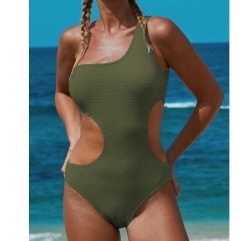 One shoulder bathing suit one piece monokini Hunter green NEW